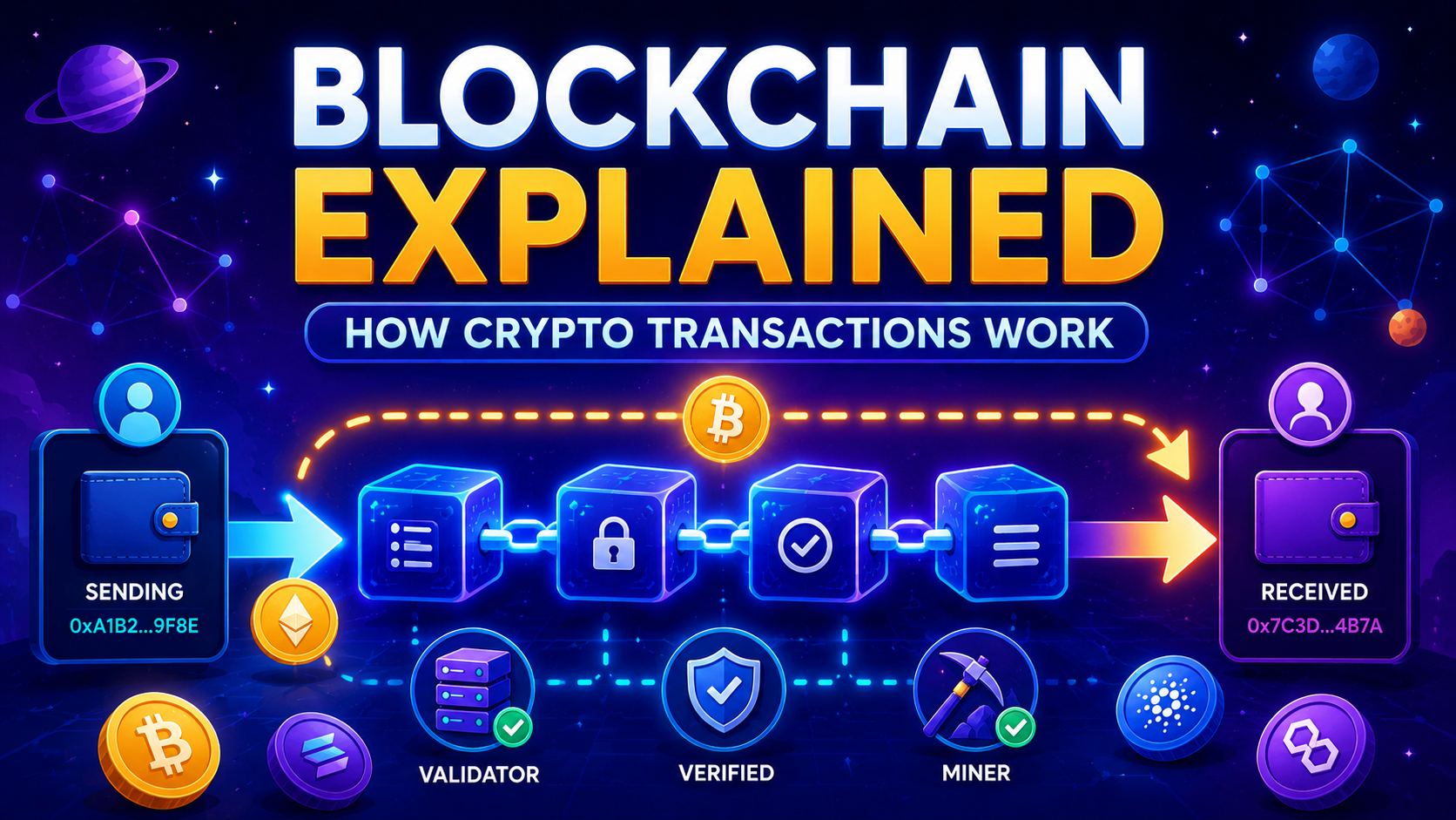 Blockchain explained illustration showing connected digital blocks, crypto transactions, network nodes and security shield